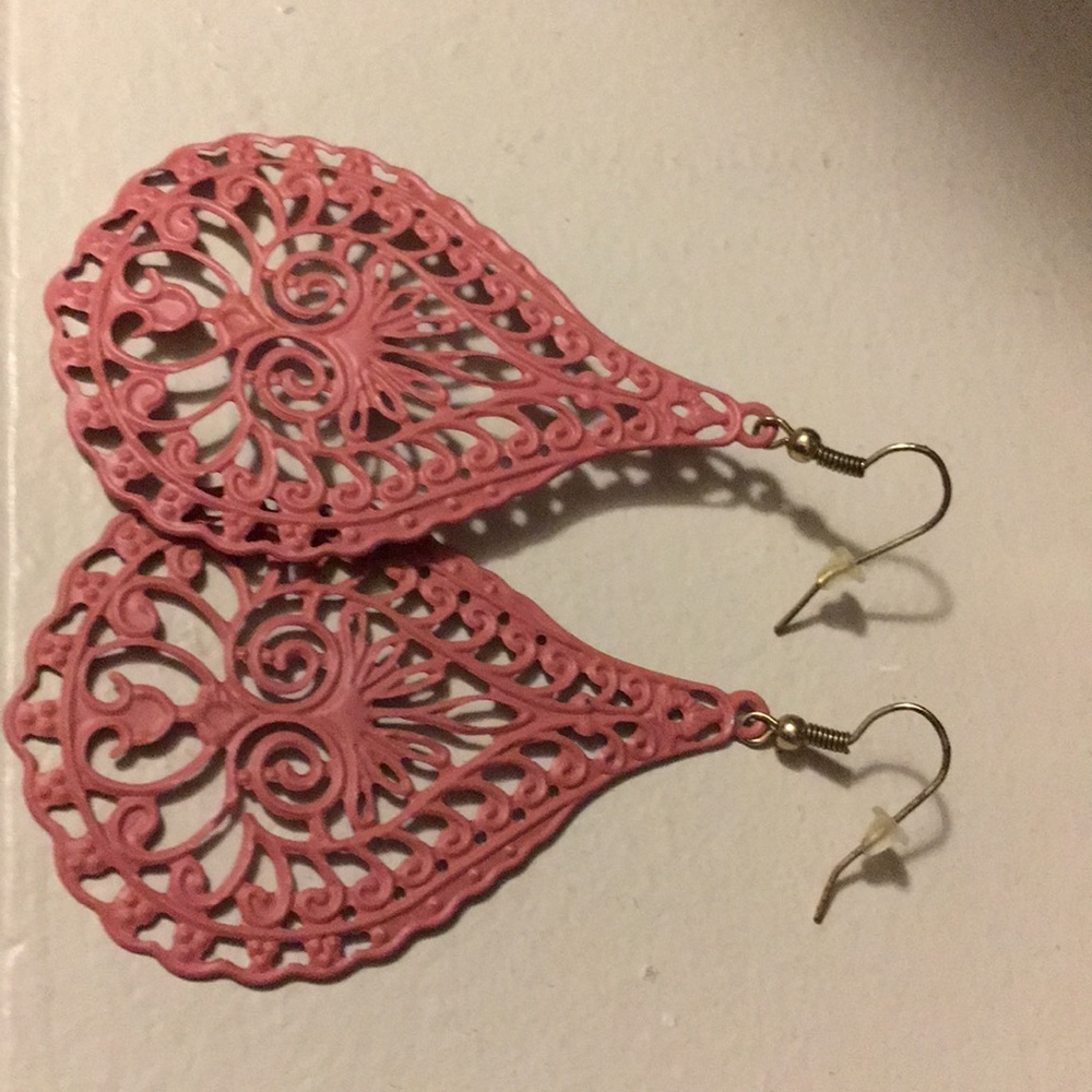 Coral pink lace look earrings